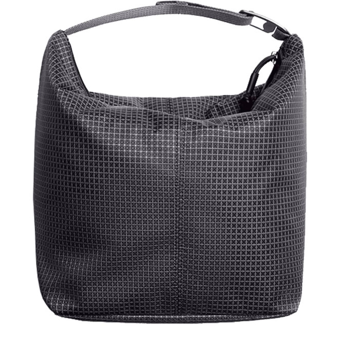 A black cooler bag with a geometric pattern, featuring a single handle and zip closure.