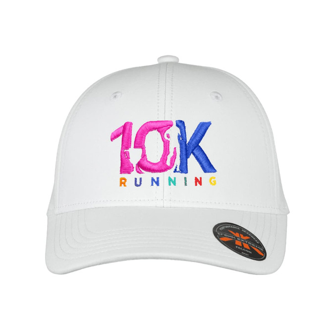 A white cap featuring a multicoloured embroidered design with the text "10K RUNNING" and a logo.