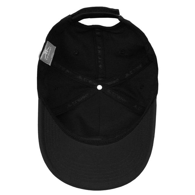 A black Falcon Flex Cap featuring a curved brim and an adjustable strap, with an inner label and branding.