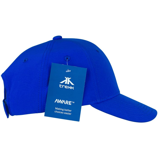 A blue Falcon Flex Cap with a tag attached, featuring a curved brim and a logo.