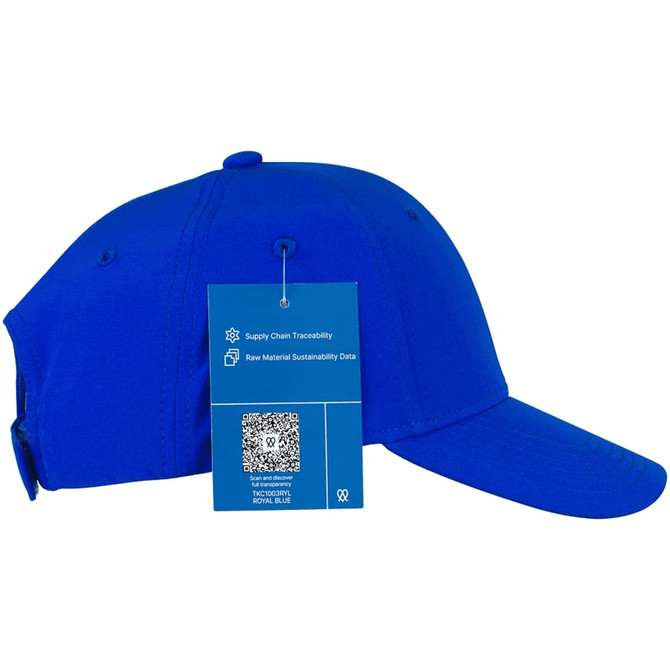 A blue Falcon Flex Cap with a curved brim and a tag attached to the side, featuring a logo.