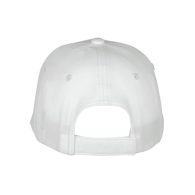 A white Falcon Flex Cap featuring an adjustable strap and a button on the top, with a logo at the back.