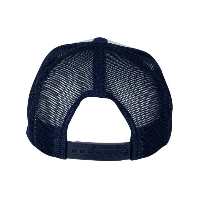 A navy blue trucker cap featuring a mesh back and an adjustable strap. It has a logo on the side.
