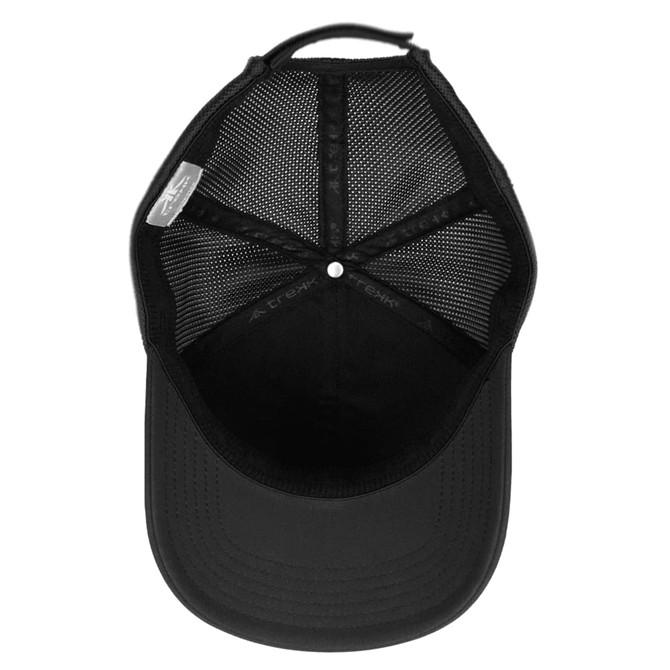 A black mesh flex cap featuring a structured design and a back strap for adjustability. It includes a logo on the side.