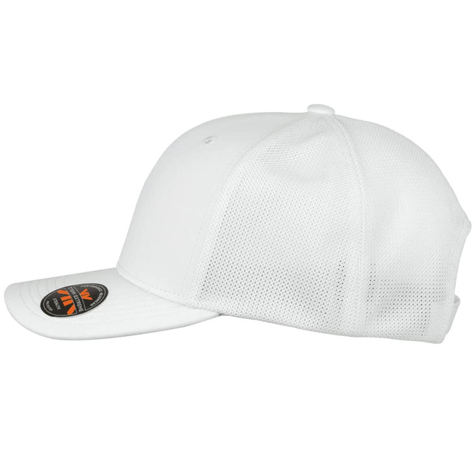 A white mesh flex cap featuring a curved brim and a branded logo on the front.