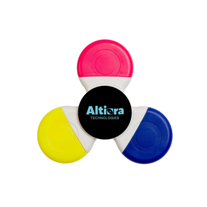 A spinner highlighter with pink, yellow, and blue sections, featuring a central black logo.