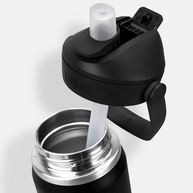 A drink bottle in black with a flip straw and stainless steel interior, featuring a lid with a logo.