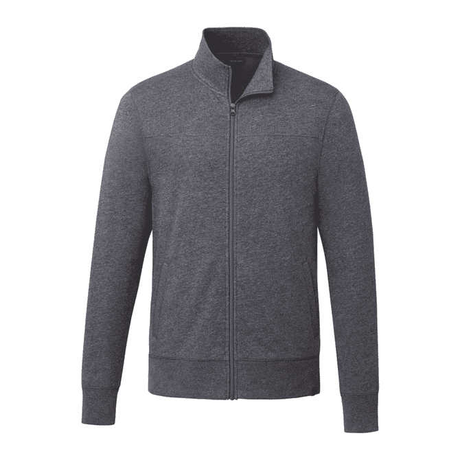 A grey fleece full zip jacket for men with a high collar and ribbed cuffs, featuring a logo on the side.