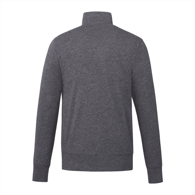 A grey eco fleece full zip jacket for men, featuring a high neck and long sleeves, with a branding logo.