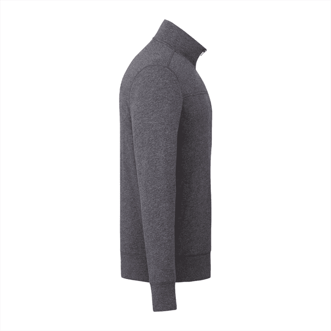 A grey eco fleece full zip jacket for men, featuring a collar and long sleeves. It includes a logo on the garment.