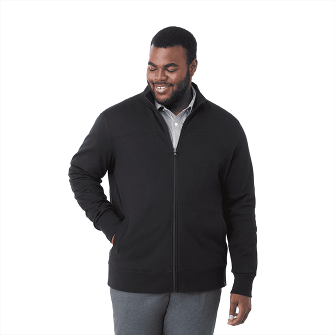 A black full zip fleece jacket for men, featuring a zip closure and a casual design. It includes a brand logo.