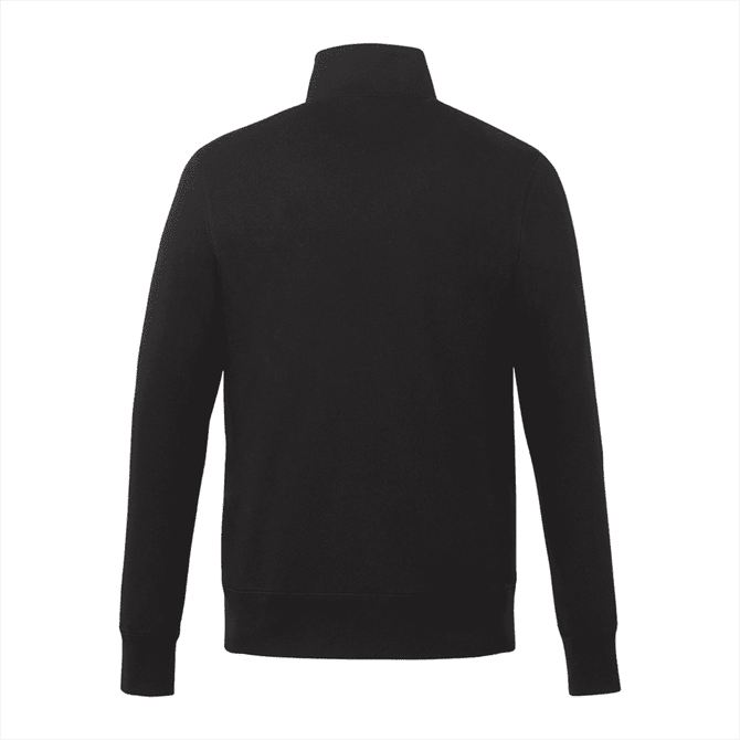 A black full zip fleece jacket for men, featuring long sleeves and a high collar, with a logo on the back.