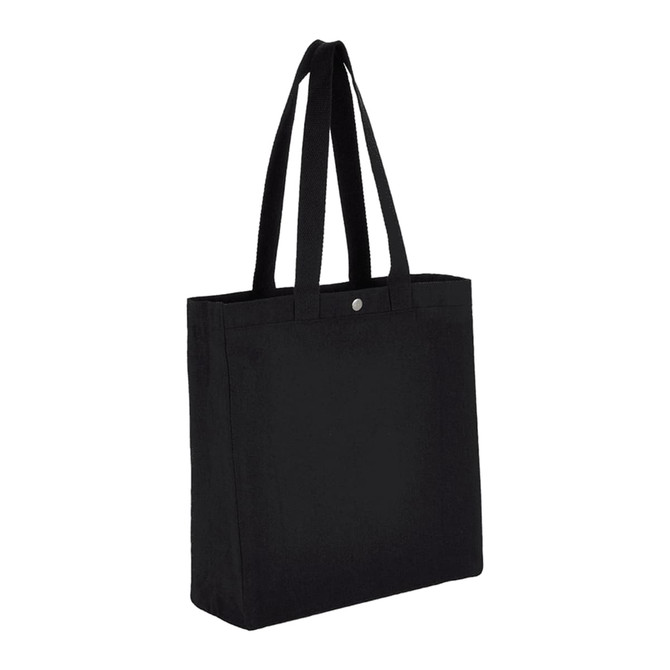A black recycled cotton tote bag with a snap closure and two handles. It features a logo.