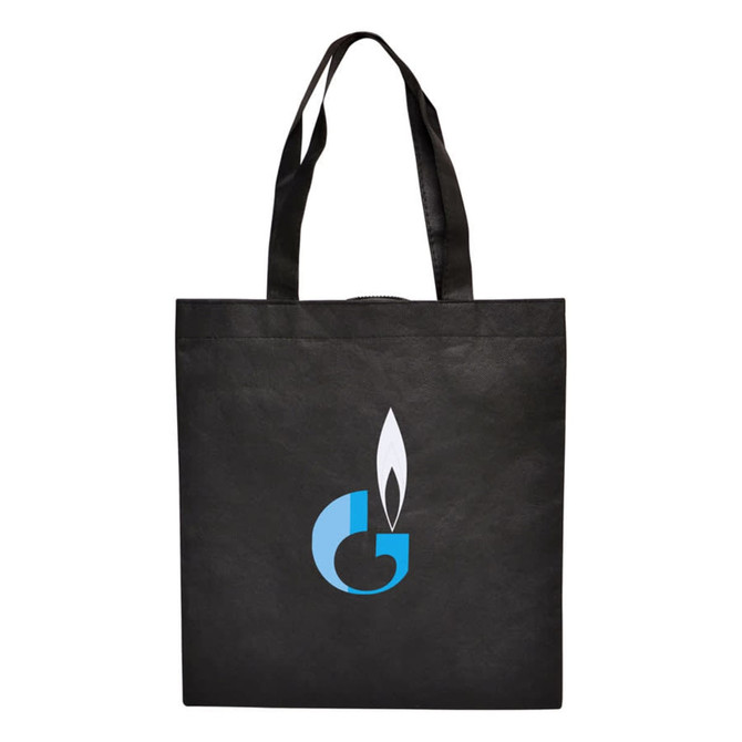 A black shopping tote bag featuring a logo with blue and white elements.
