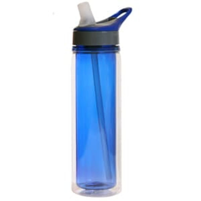 A drink bottle in translucent blue with a black lid and a built-in straw. It features a logo on the side.