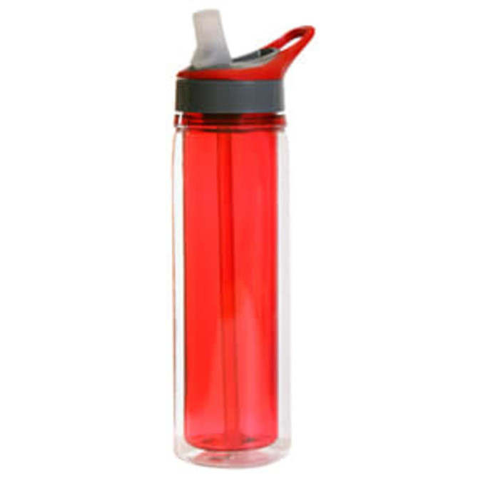 A drink bottle featuring a transparent body with a red finish and a grey lid, complete with a straw and a logo.