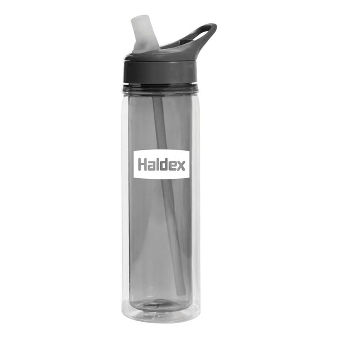 A drink bottle with a clear body and dark grey lid, featuring a straw and a logo.