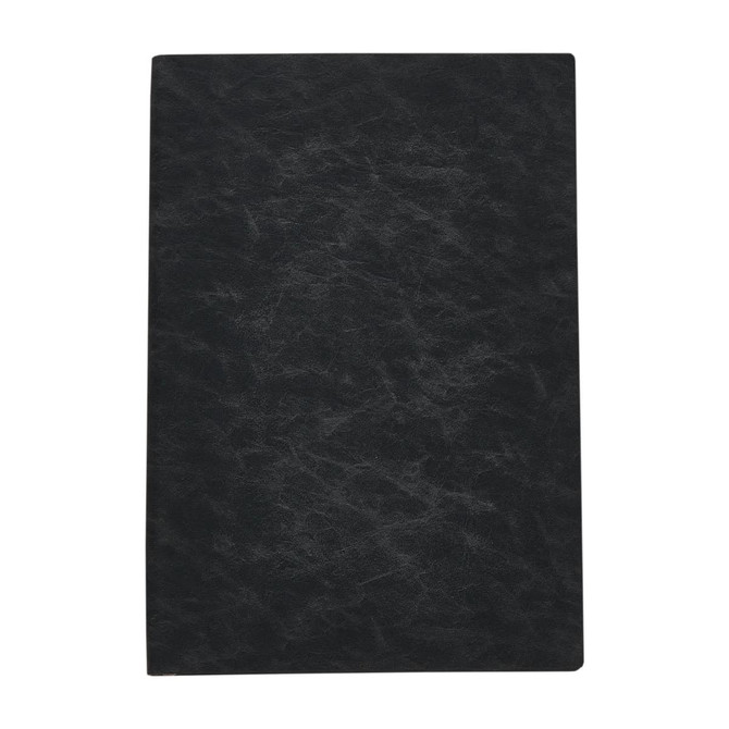 A black notebook featuring a textured cover with a minimalist design and a logo on the front.