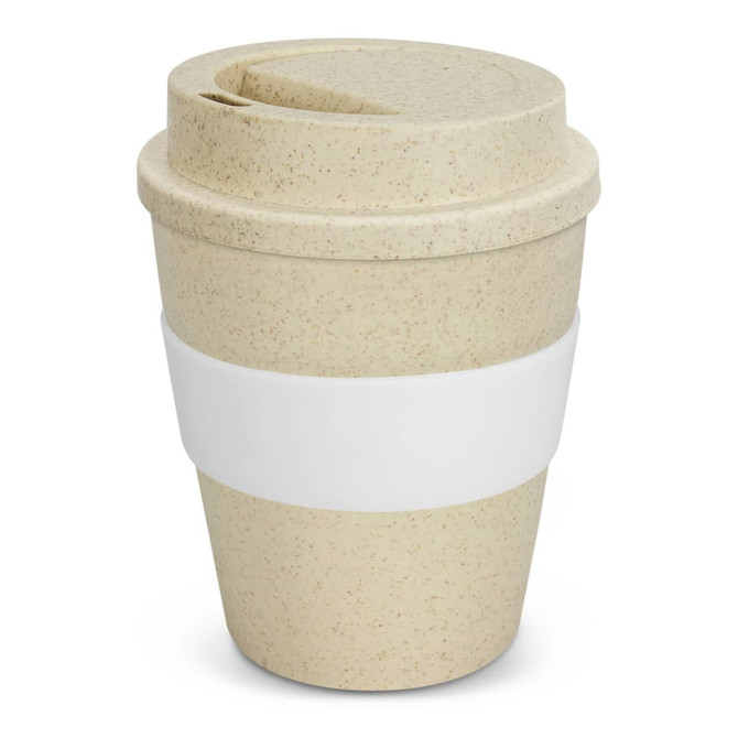 A drink bottle styled like a takeaway cup, in natural speckled tones with a white grip band. It features a lid.