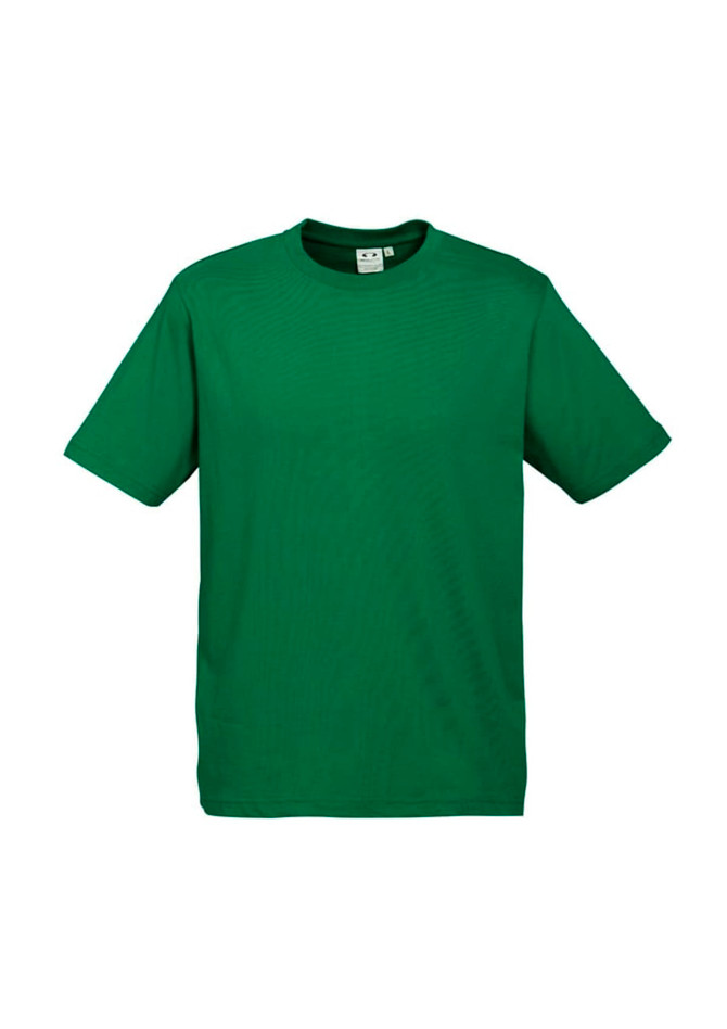 A green short sleeve tee with a simple design and a small logo on the label.