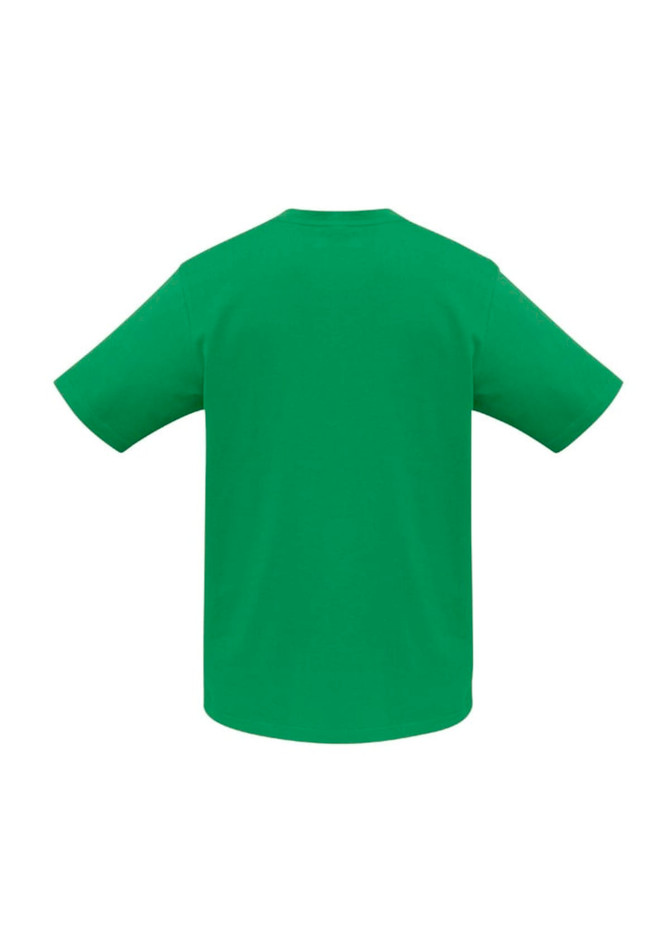 A bright green short sleeve tee for kids, featuring a plain design with a logo on the front.