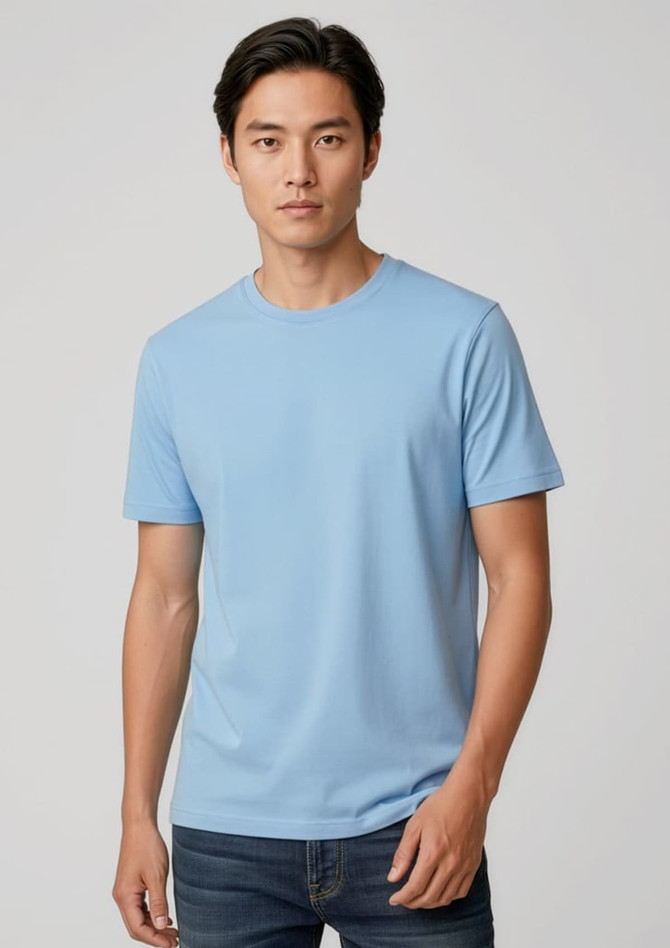 A light blue short sleeve tee for men, featuring a classic crew neck and a logo on one side. 