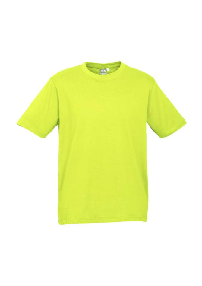 A bright green short sleeve tee, featuring a classic crew neck and a simple, unbranded design.