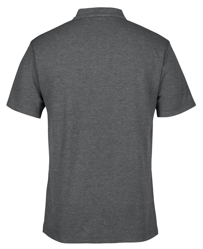 A grey polo shirt with a classic cut and a collar, displaying the back view. Includes a logo on the upper area.