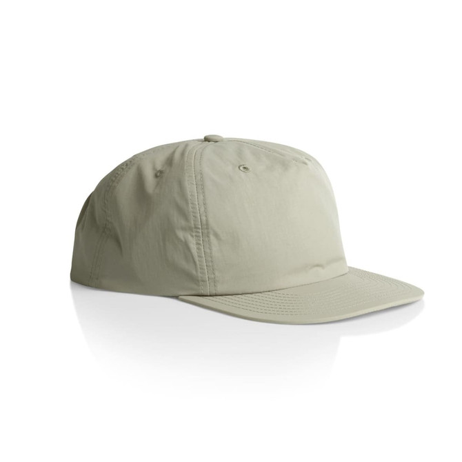 A grey cap with a curved brim and a logo, featuring a simple, structured design.