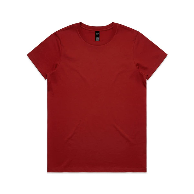 A red T-shirt featuring a round neckline and short sleeves, with a branding label on the inside.