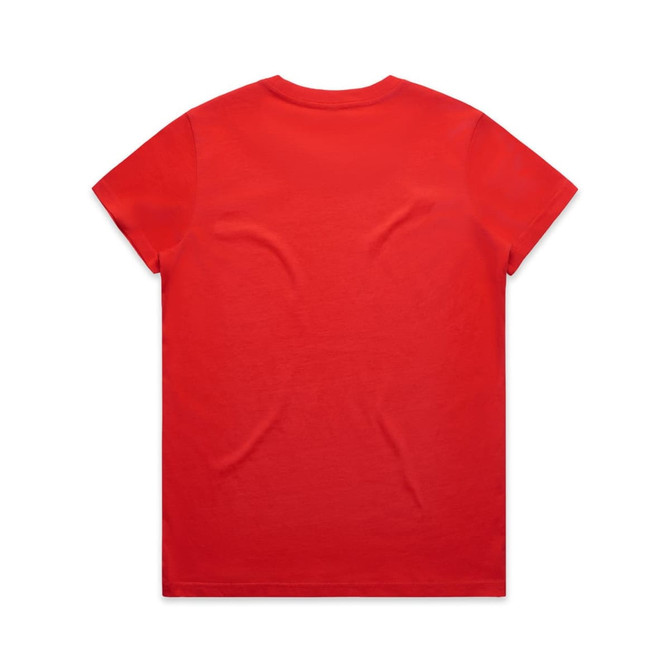 A red T-shirt with a round neckline and short sleeves, featuring a logo on the back.