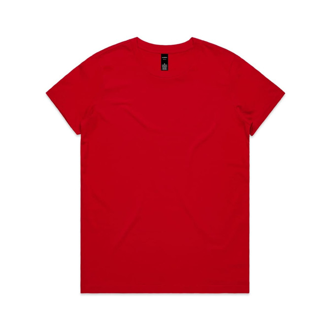 A red t-shirt featuring a simple crew neck design and a branding label at the neckline.
