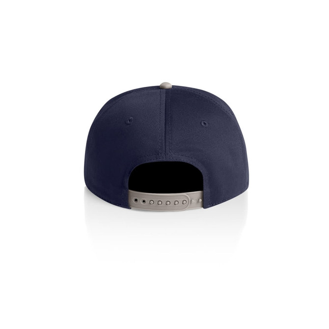 A navy blue cap featuring a two-tone design and an adjustable strap at the back. It has a logo on it.
