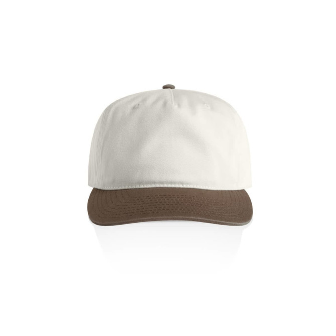 A two-tone cap featuring a cream upper and a brown brim. The cap includes a logo on the front.