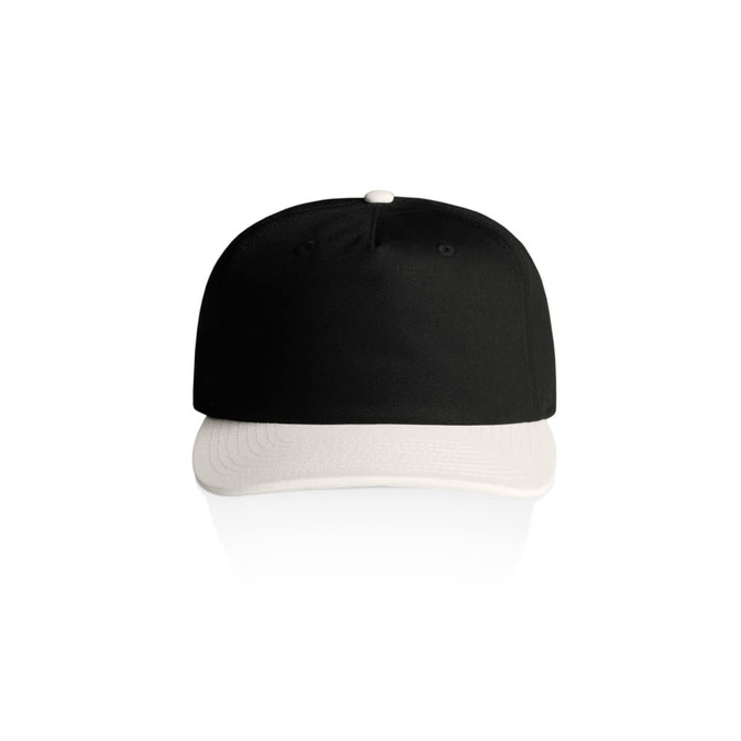 A two-tone cap with a black crown and a white peak, featuring a logo on the front.