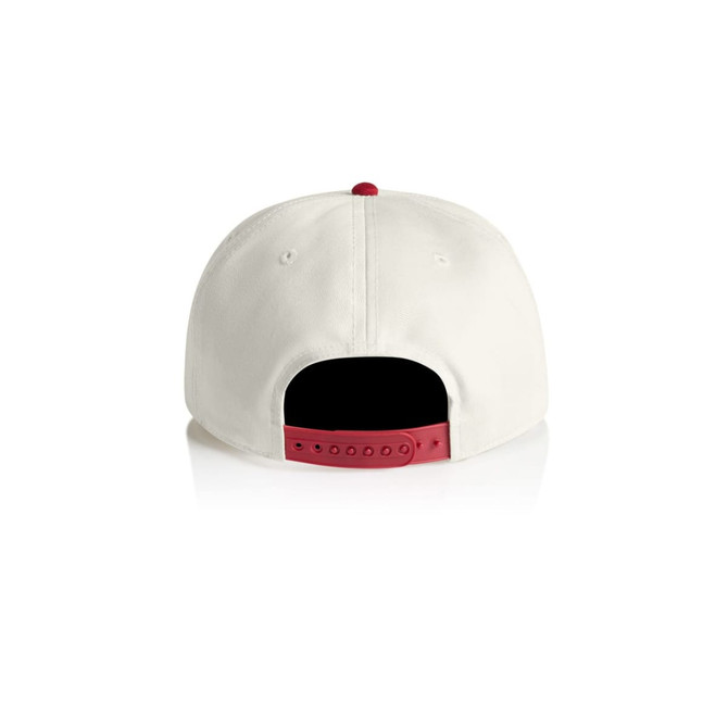 A two-tone cap featuring a cream front and red back, with an adjustable snapback closure and branding.