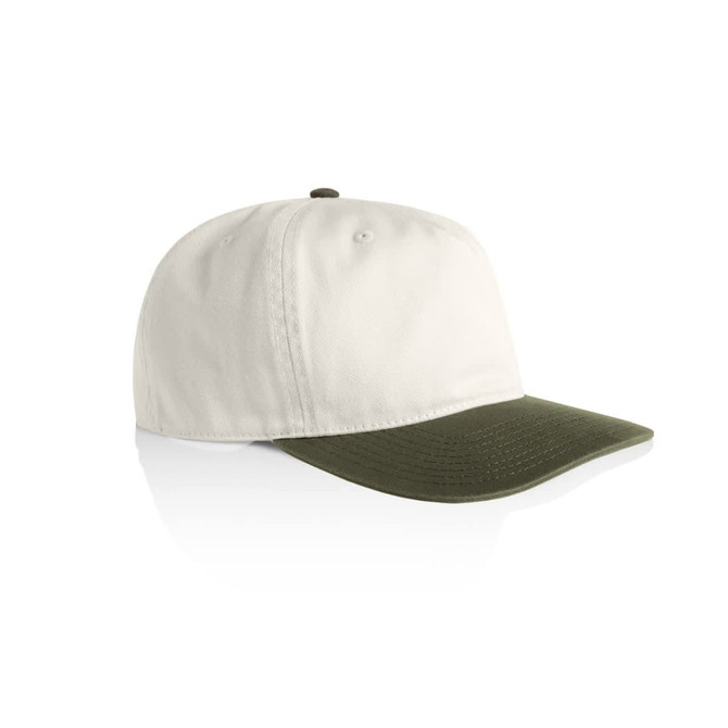A two-tone cap featuring a cream-coloured crown and an olive green brim, with a logo on the side.