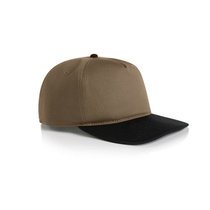 A two-tone cap featuring a tan crown and a black peak, with a logo on the side.