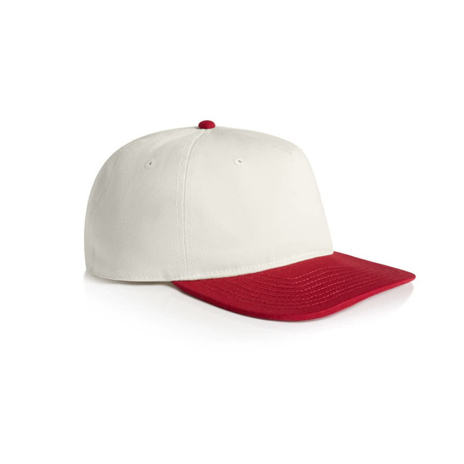 A two-tone cap featuring a white body and a red peak, with a button at the top and branding.