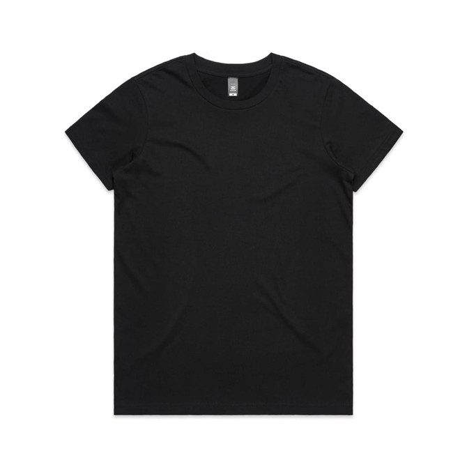 A black T-shirt with a round neck, featuring a small logo on the label.