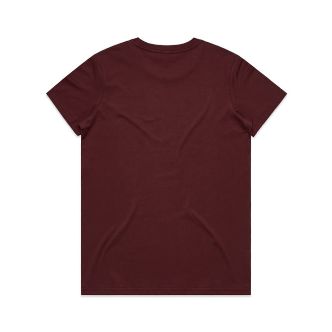 A maroon T-shirt featuring a plain back design and a logo at the neckline.