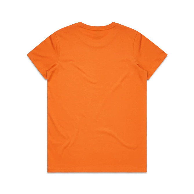 An orange T-shirt with a plain back, featuring a logo on the label.