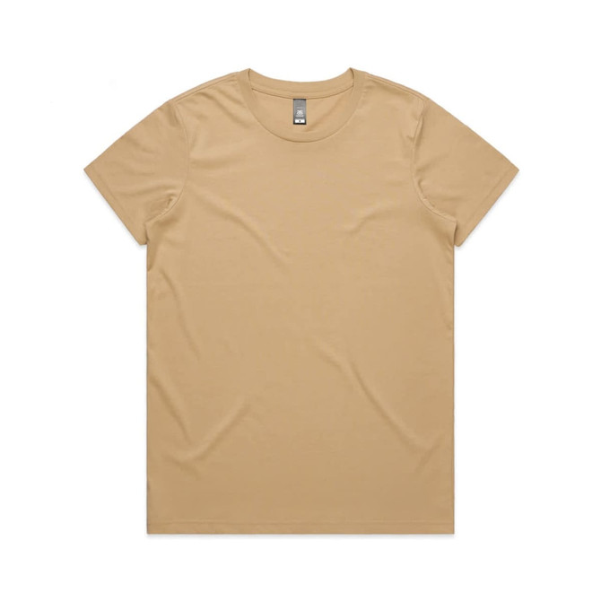 A light brown T-shirt in a classic crew neck style, featuring a logo on the label.