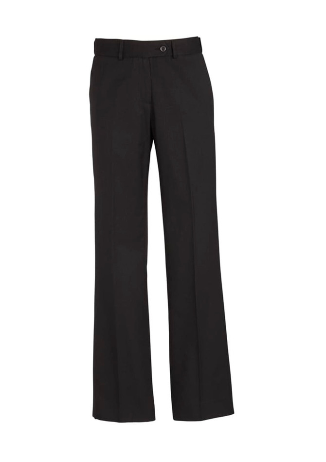 Black women's adjustable waist pants with a straight leg design, featuring a button closure and a logo.