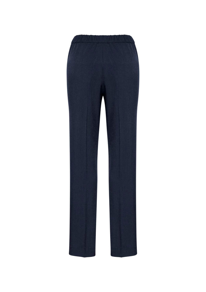 A pair of navy blue women's ultra comfort waist pants with an elastic waistband, featuring a simple design and no embellishments.