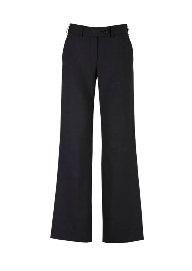 A pair of women's black wool stretch pants with an adjustable waist, featuring a classic fit and straight legs.