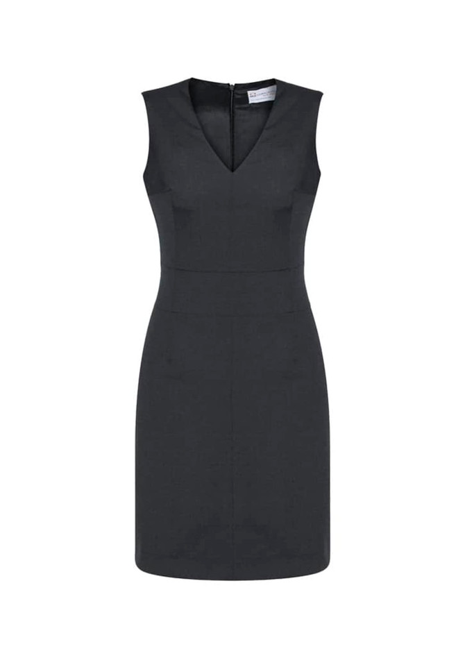 A sleeveless, V-neck dress in dark grey with a fitted silhouette and a zip fastening at the back.