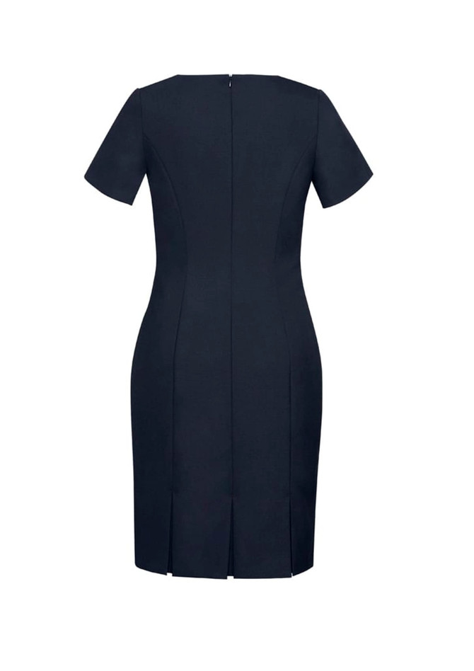 A fitted, short sleeve shift dress in navy, featuring a back zipper and subtle dart detailing.