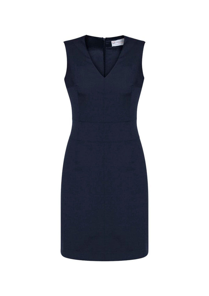 A sleeveless, navy wool blend dress featuring a V-neck design and a zip closure at the back.