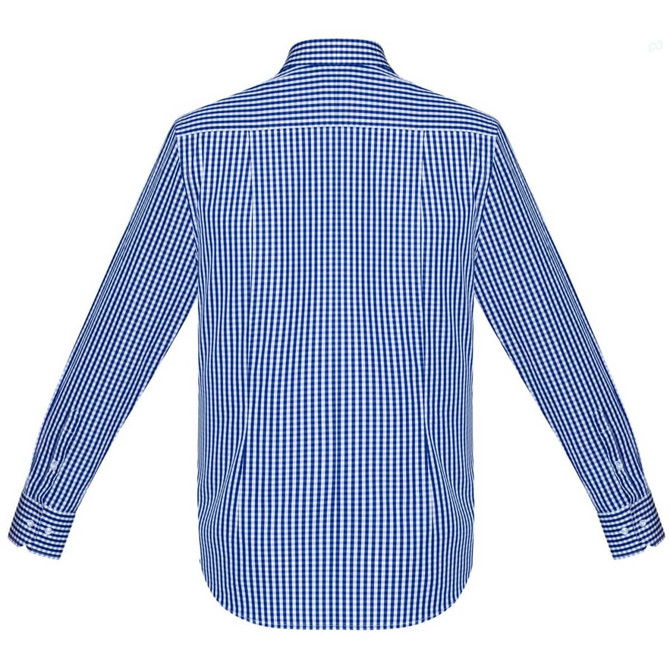 A long sleeve button-up shirt featuring a blue and white checked pattern, with a visible logo.